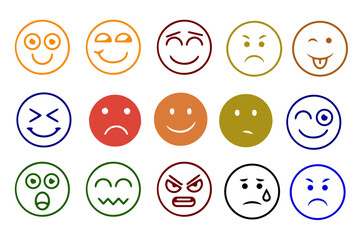 Emoticons icons set. Emoji faces collection. Emojis flat style. Happy happy, smile, neutral, sad and angry emoji. Line smiley face