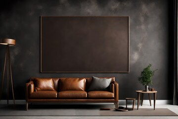 A panoramic view of a Canvas Frame for a mockup in a modern living room, where the rich brown leather armchair contrasts vividly against the dark cement wall, all captured in pristine clarity