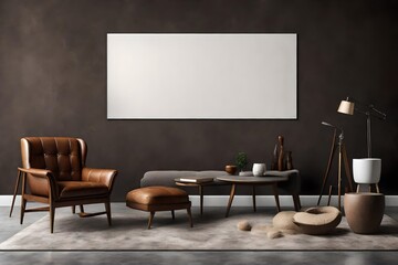 A panoramic view of a Canvas Frame for a mockup in a modern living room, where the rich brown leather armchair contrasts vividly against the dark cement wall, all captured in pristine clarity