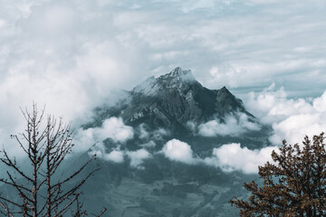 Panoramic view of the mountains at Lake Lucerne in Switzerland.