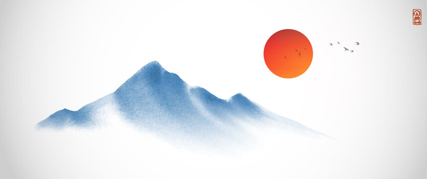 Minimalist landscape with blue misty mountains and big red sun on white background. Traditional oriental ink painting sumi-e, u-sin, go-hua.