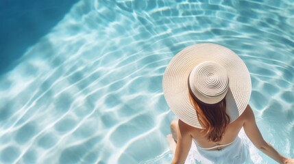 Beautiful girl wearing a swimming suit and straw hat relaxing on a swimming ring in the pool at a luxury resort, Summer holiday and vacation concept for tourism. - obrazy, fototapety, plakaty