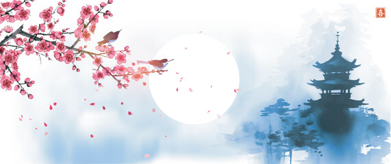 Landscape with Japanese pagoda, a blossoming sakura cherry blossom branch with two perched birds, set against the backdrop of the sun veiled in mist. Translation of hieroglyph - beauty