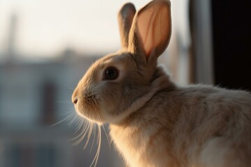 A bunny sits in front of a vivid backdrop with a blurred view of its head and ears, gazing sideways. Generative AI