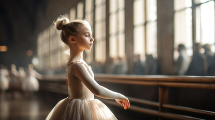 little graceful girl ballerina in a tutu practices at a ballet school, dancer, child, kid, studio, dress, dance, rehearsal, theater, beautiful, bun hairstyle, delicate outfit, pink, portrait, face - obrazy, fototapety, plakaty