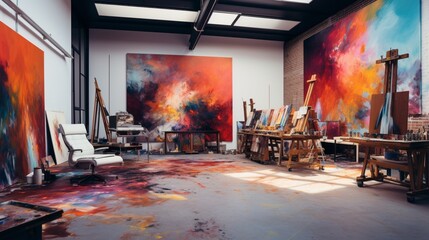 A contemporary art studio with large canvases, creative chaos, and inspirational quotes.