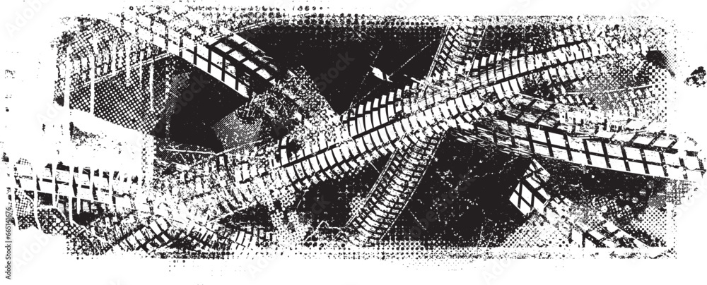 Poster vector print textured tire track . design element . car tread silhouette . mud splash grunge tire te