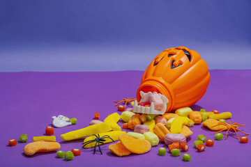 Traditional festive composition for Halloween party. Sweet seasonal food, homemade autumn decor