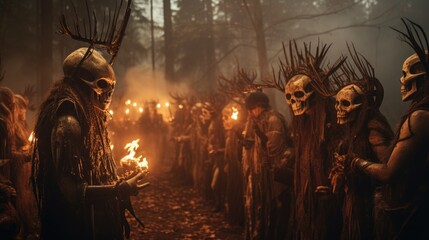 Pagan rituals of the old world. Participants wear animal skull masks and perform rites near a stone altar. - obrazy, fototapety, plakaty