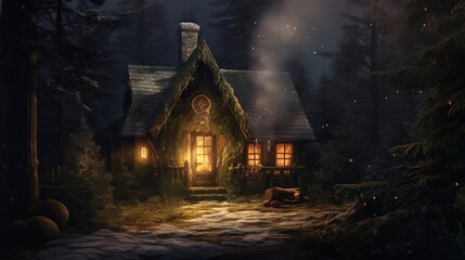 A cozy cabin in the woods, with a welcoming wreath on the door and smoke billowing from the chimney