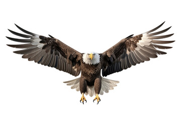 Front view of American Bald Eagle flying and looking isolated on transparent background.