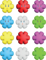 Set of buttons in the shape of flowers. Part of the collection with faces and part empty for other uses.
