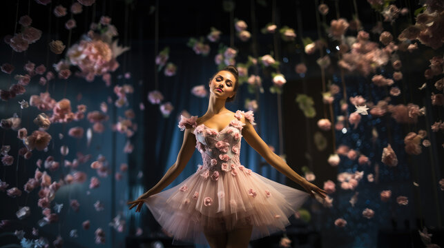 elegant young woman ballerina performs on the theater stage, dancer in the concert hall, dress, tutu, pointe shoes, girl, ballet, beautiful, rhythmic gymnastics, show, flower, pink