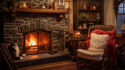 A cozy living room with a rocking chair by the fireplace, a cat napping, and stockings hanging from the mantel - obrazy, fototapety, plakaty