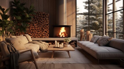 A cozy, Scandinavian-inspired living room with a fireplace and natural materials.