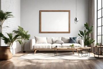 A vertical wooden frame poster mockup in a modern living room with a white sofa, a coffee table, and a plant in the corner. 