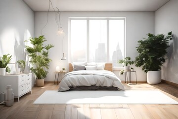A bright and airy bedroom interior wall mockup with a large window, a white bed set, and a plant in the corner