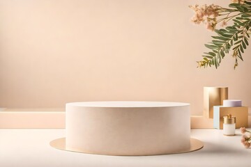 A terrazzo podium mockup on a cream color pastel background, with a product photo on top