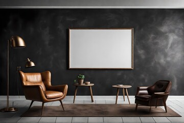 A Canvas Frame for a mockup ensconced within a niche in a modern living room, where the leather armchair adds a touch of opulence against the raw aesthetics of the dark cement wall

