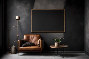 A Canvas Frame for a mockup ensconced within a niche in a modern living room, where the leather armchair adds a touch of opulence against the raw aesthetics of the dark cement wall

