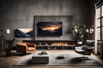 A cozy living room with a concrete wall, a wall-mounted TV cabinet, an armchair, and a fireplace