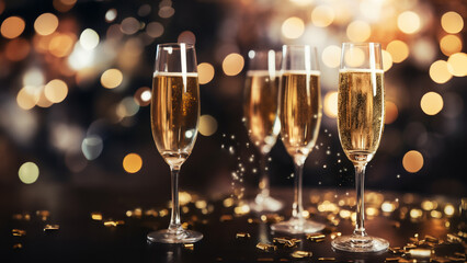 Festive cheers: Glowing wine glasses and champagne flutes illuminate the night. With copyspace. - obrazy, fototapety, plakaty