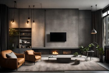 A cozy living room with a concrete wall, a wall-mounted TV cabinet, an armchair, and a fireplace