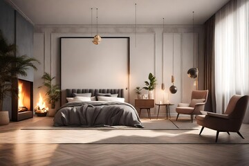 A vertical wooden frame poster mockup in a cozy bedroom with a plush bed, a fireplace, and a sitting area with a comfortable armchair.