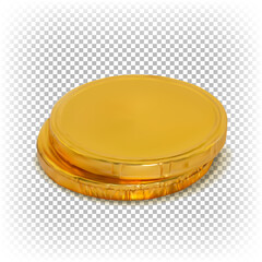 Vector golden chocolate coins in gold foil. 3d realistic illustration isolated on white background.