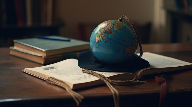 Education to learn study in world. Graduated student studying abroad international idea. Master degree hat on top globe book. Concept of graduate educational for long distane learning anywhere anytime
