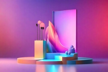 A creative podium mockup display with a colorful background and props, perfect for highlighting a product in a unique way