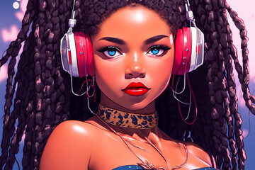 Portraits of women illustration. Avatar for a social network. Flat illustration of black woman. Beautiful cartoon anime african american woman girl cartoon female. Close up illustration of woman face.