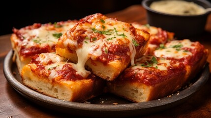 A Detroit-style pizza, cut into squares and arranged on a platter, highlighting the cheese-filled...