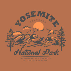 Adventure , explore more out doors mountain theme graphic T-shirt design, Adventure at the mountain graphic artwork for t shirt and others. Mountain with tree retro vintage print design. © sumonsharif