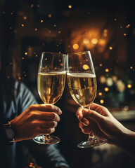 Joyful toast: Friends celebrating with champagne glasses on new year's eve. With copyspace. - obrazy, fototapety, plakaty