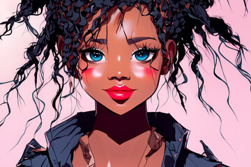 African women illustration. Avatar for a social network. Flat illustration of black woman. Cartoon anime african girl, cartoon female. Close up illustration of woman face. African style.