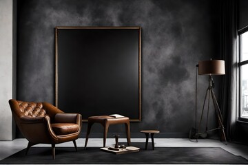 An evocative scene capturing a Canvas Frame for a mockup in a modern living room, where the leather armchair beckons with its timeless elegance against the contemporary feel of the dark cement wall