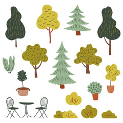 Different types of trees, bushes, decorative potted plants, garden furniture. Simple plant set. Flat style hand drawn vector illustration.
