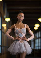 Fototapeta premium dark-skinned beautiful young woman ballerina, theater actress, pointe shoes, ballet tutu, dancer, rhythmic gymnastics, African-American girl, sport, ballet, dancing, rehearsal, dress, body, portrait