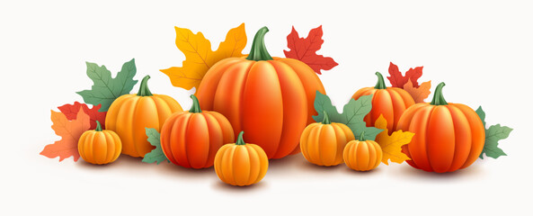 Pumpkins for Thanksgiving Day or Halloween - 3d realistic orange pumpkins and autumn leaves design isolated on white background - vector illustration 