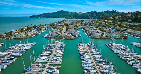 Fotobehang Tiburon Yacht Club boats aerial overlooking waterfront houses in Paradise Cay Yacht Harbor © Nicholas J. Klein