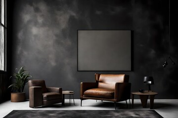 A minimalist setting of a Canvas Frame for a mockup in a modern living room, where the leather armchair provides a soft counterpoint to the rugged textures of the dark cement wall