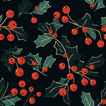 Seamless pattern of holly berries on a green background. 2D flat illustration. New Year and Christmas concept. Design for greeting card or print