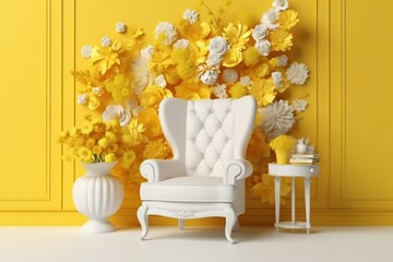 3D illustration of a blank wall and a vibrant armchair. Yellow and white backdrop. White table adorned with flowers. Generative AI