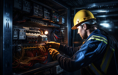 Electrical technician working on a light switchboard. Ai generated.