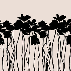 Monochrome Flowers Leaves Silhouettes Seamless Pattern Minimal Floral Shadows