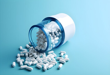 A blue and white pill bottle poured out of it - obrazy, fototapety, plakaty