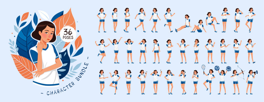 Sporty teenage, attractive brunette tomboy girl character set, sport bundle. Young woman in lively, energetic poses, athletic skills demonstration, hobby or recreational activity kit. Vector cartoon