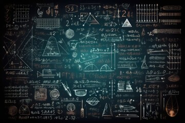 Chalkboard inscribed with scientific formulas and calculations in physics and mathematics. - obrazy, fototapety, plakaty