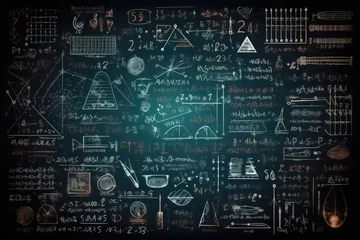 Fotobehang Chalkboard inscribed with scientific formulas and calculations in physics and mathematics. © Eva Corbella